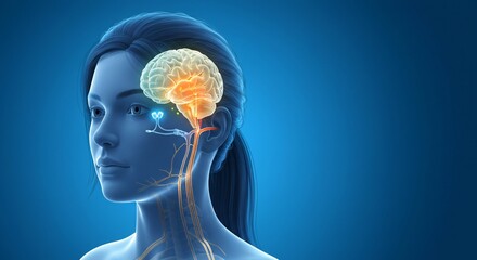 Conceptual 3D Illustration of a Woman's Head Revealing an Active, Illuminated Brain and Nervous System