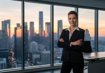 Fototapeta premium Confident Businesswoman Portrait in Modern Office with Cityscape View