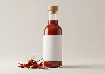 Mockup bottle of hot chili pepper sauce with dried peppers isolated on white background commercial usage