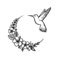 Obraz premium Minimalist hummingbird and floral wreath line art icon, elegant botanical frame logo design. 