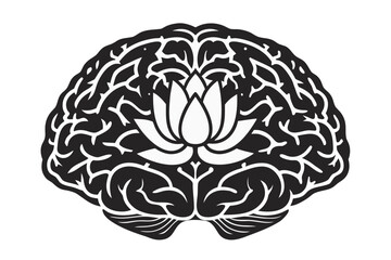 Stylized Brain with Lotus Design, Black Brain, White Lotus, on White Background