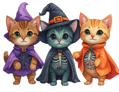 Charming Halloween Cat Trio in Fun Poses, isolated on transparent background PNG
