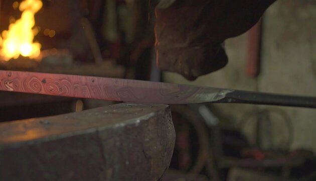 Close-up of a blacksmith shaping a heated metal bar on an anvil