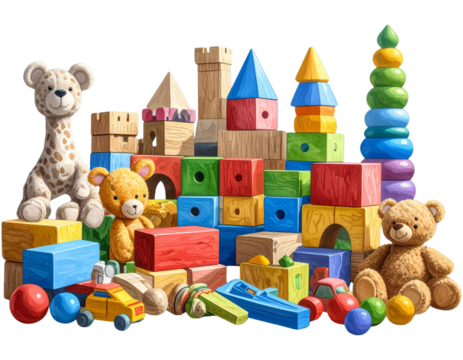Bright and Colorful Classic Baby Toy Collection, isolated on transparent background PNG