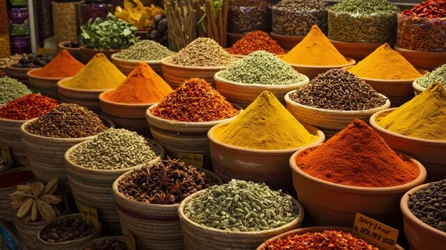 A Vibrant Display of Spices and Herbs in Colorful Pots at a Market, Showcasing the Rich Variety and Texture of Culinary Ingredients from Around the World.