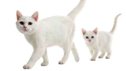White american shorthair cat walking with curious kitten in studio portrait gentle expression playful mood