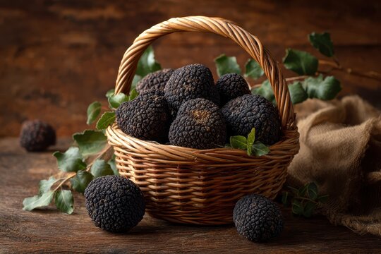 Premium black truffles showcased in a wicker basket surrounded by greenery on a rustic wooden table