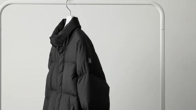 A black puffer coat hangs on a white hanger from a white clothing rack against a white background