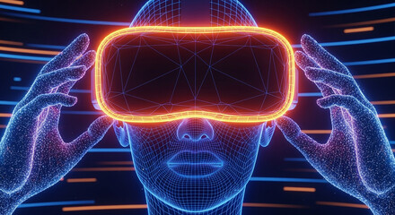 Futuristic Virtual Reality Headset Experience with Digital Wireframe User and Futuristic Glow