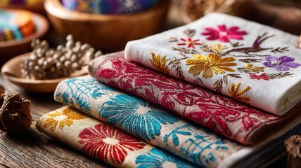 Fototapeta premium Colorful flat lay of traditional Mexican embroidered fabrics with floral and animal patterns