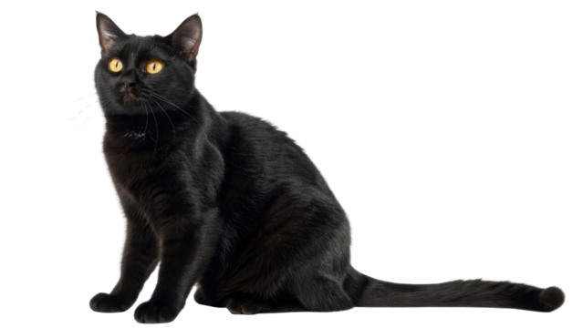 Black american shorthair cat with golden eyes sitting attentive indoor pet portrait calm curious beautiful