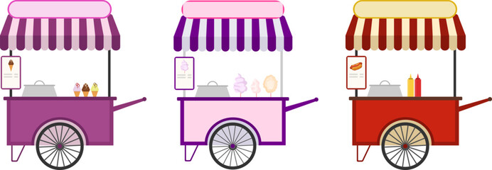 Mobile fast food cart, set of various mobile fast food carts. Vector illustration, poster, web banner.