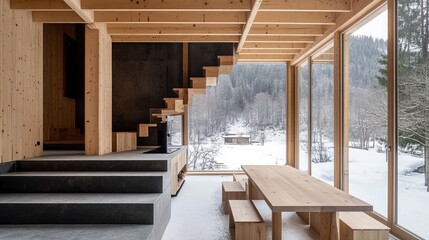 Wooden interior with large windows, stairs, table & snowy view