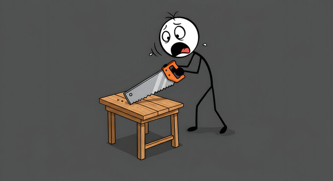 Stick figure sawing off stool leg, representing self-inflicted problem or mistake