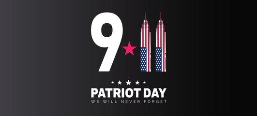 USA Patriot Day banner with American flag and lettering. Vector illustration. Day of remembering, September 11