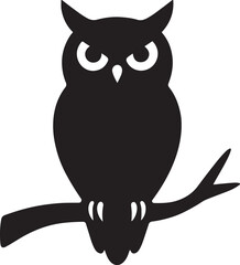 Owl sitting on branch silhouette. Nature vector icon for forest, wildlife, nocturnal, Halloween, and decoration.
