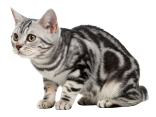 American shorthair cat sits alert with striking silver tabby pattern and bright eyes conveying curious gentle mood