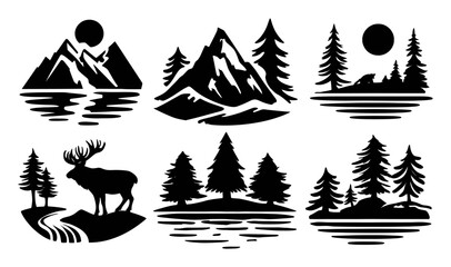 Fototapeta premium Black Silhouette Nature Scenes with Mountains, Trees, and Wildlife Designs