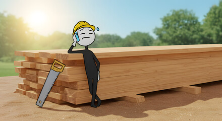 Exhausted stick figure builder in hard hat wiping sweat, leaning on a large stack of lumber with a saw