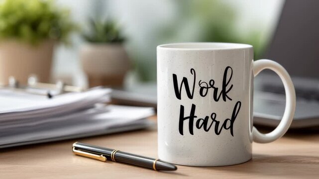 A white coffee mug with the phrase 'Work Hard' printed on it sits on a wooden desk. A pen and papers are nearby, with a small plant in the background.