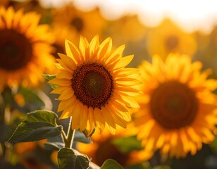 Obraz premium Sunflowers in a field at sunset (1)