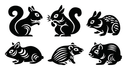 Black and White Stylized Animal Illustrations of Squirrel and Rabbit