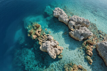 Fototapeta premium stunning aerial view of ocean surface reveals hidden beauty beneath displaying coral reefs in their natural habitat