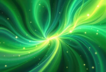 Swirling green and yellow energy with bright stars, creating a cosmic, abstract vortex effect.  A luminous center emanates light outwards in a dynamic, flowing pattern