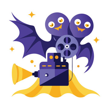 t-shirt vector art of cartoon bat with film reel and vintage movie camera projecting light on a yellow wavy background