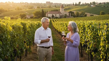 A Joyful Couple Enjoying a Romantic Evening in a Picturesque Vineyard, Toasting with Glasses of Red Wine Against a Backdrop of Coastal Hills and Lush Grape Vines - Powered by Adobe