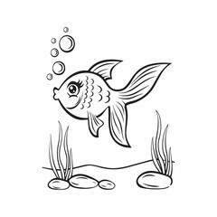 Cute goldfish coloring page illustration with bubbles and seaweed, black and white outline for kids.
