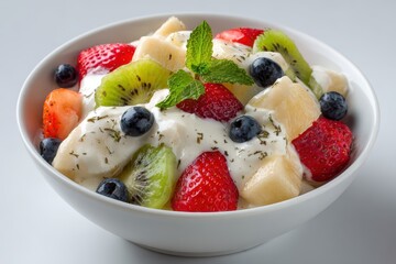 Fresh fruit salad featuring strawberries, kiwi, blueberries, and banana served in a white bowl with mint garnish on a light grey surface