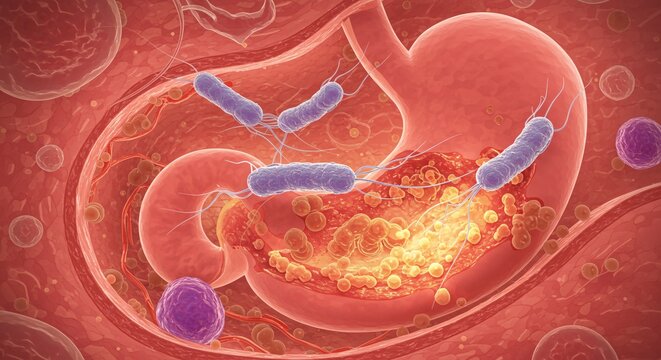 Microscopic view of active Helicobacter Pylori bacteria attacking stomach lining, showing infection and cellular damage.