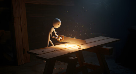 Animated stick figure character sawing wood with glowing sawdust in a dark workshop, symbolizing creation and effort.