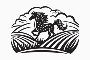 Silhouette Horse Galloping Through Mountains, on White Background