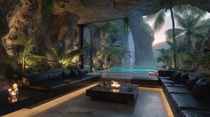Elegant Living Room Featuring a Sparkling Pool and Cascading Waterfall Surrounded by Lush Greenery Creating a Relaxing Tranquil Atmosphere for Leisure