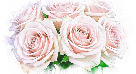 A close-up of a bouquet of pale pink roses painted in watercolor.