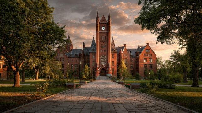 Historic Large Brick Building Featuring Prominent Clock on Facade Surrounded by Lush Greenery Under Clear Blue Sky Evoking Timeless Charm and Grandeur
