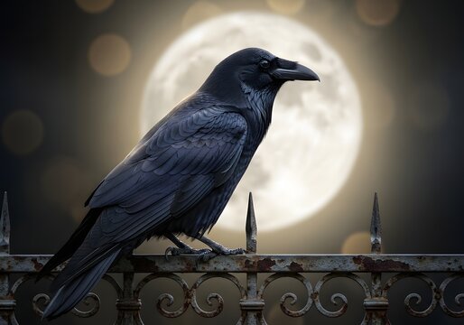 A black raven sits on a fence in front of a full moon