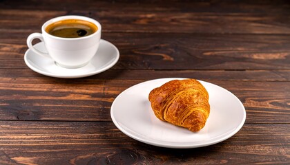 Obraz premium A rich cup of coffee sits beside a golden croissant on a dark wooden surface.