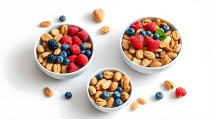 Three bowls of nuts and berries on a white surface creating a healthy and colorful snack display