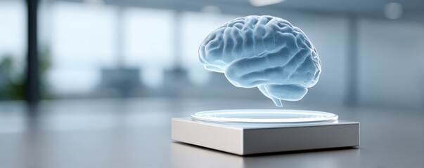 Holographic brain model displayed in a modern office setting.