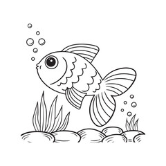 Cute goldfish coloring page illustration with bubbles and seaweed, black and white outline for kids.
