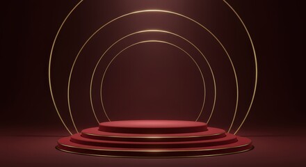 Obraz premium A maroon platform with golden accents and circular golden lines in the background design element