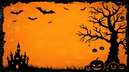 Spooky halloween silhouette scene with a haunted castle bare tree bats and jack o lanterns on an orange textured background