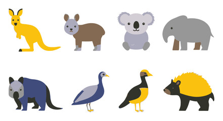 Obraz premium Colorful Cartoon Animals Featuring Kangaroo, Koala, and Elephant