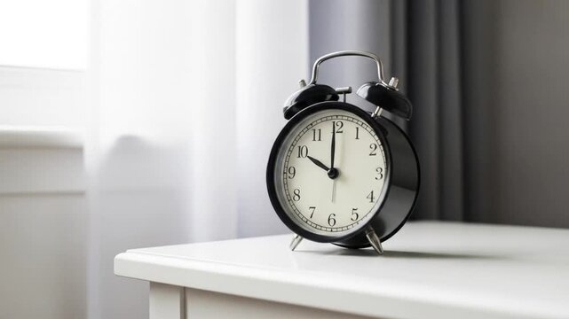 A black twin bell alarm clock rests on a white nightstand with sheer curtains and heavier drapes in the background