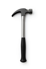 Close-up of a modern steel claw hammer with a black rubber grip, isolated on a white background. Ideal for construction, carpentry, and tool concepts.