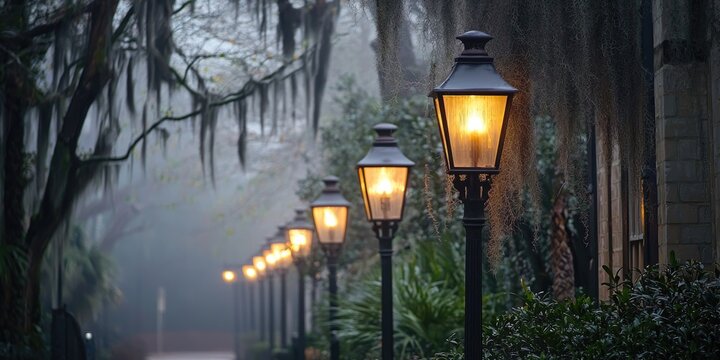 Fototapeta A misty street lined with gas lamps and Spanish moss Stock photo