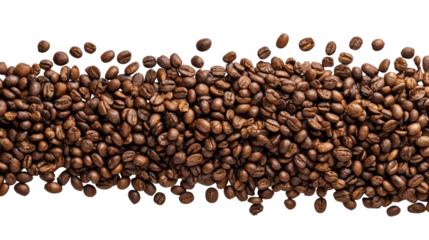 Flat lay view of dense coffee bean cluster fading into scattered edges on white isolated on a Transparent background, PNG file.